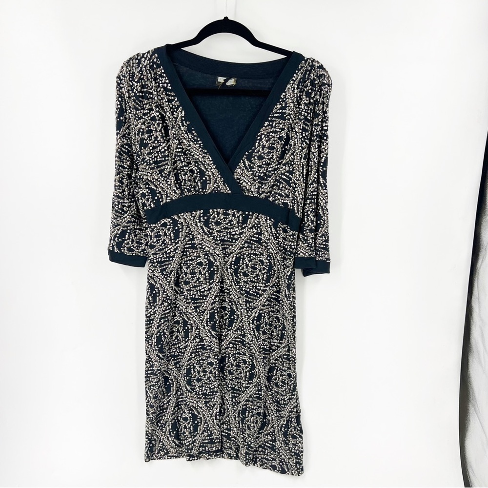 ✅ ATHLETA Jersey Knit V Neck Dress Size LARGE Tall in Black Multi Print